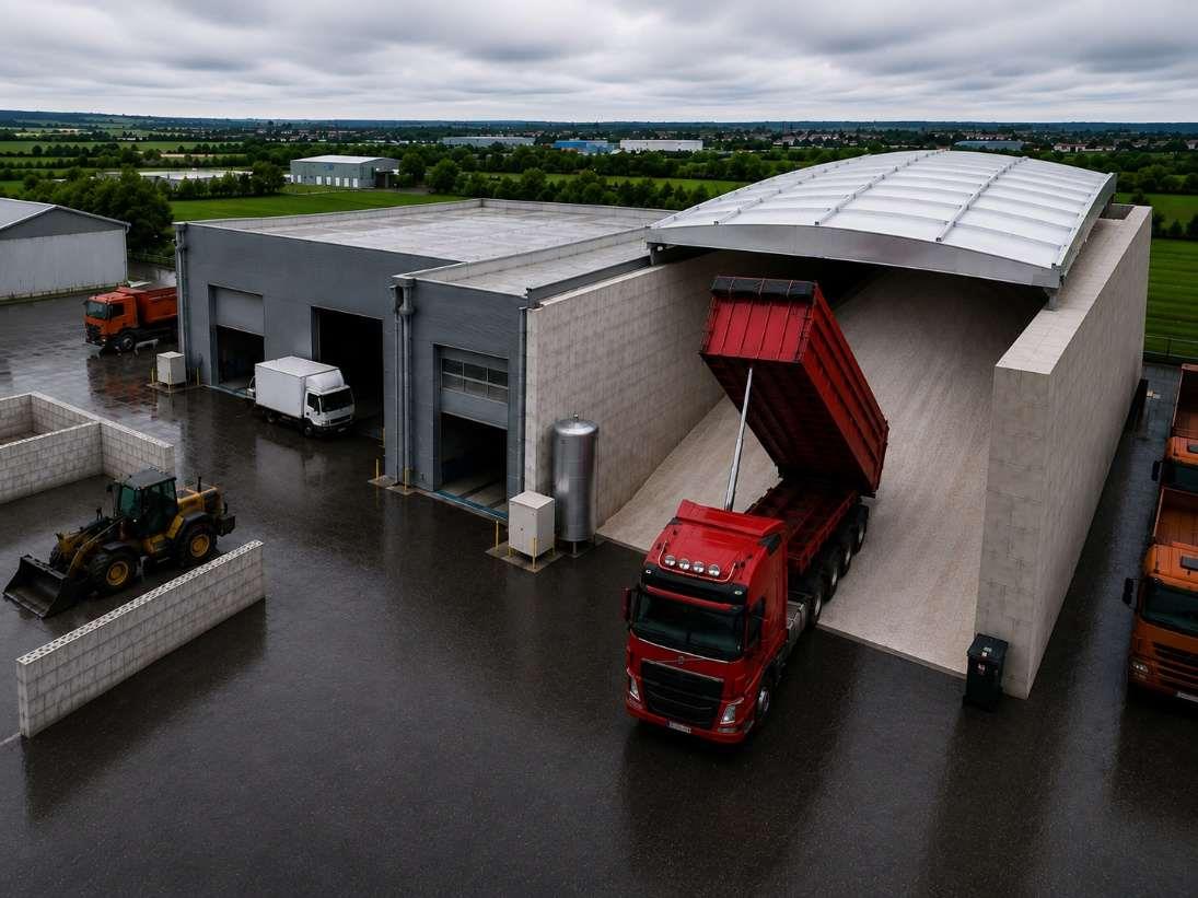 Plateforme logistique avec toiture découvrable pour réception de produits en vrac 